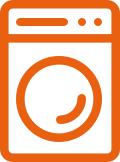 Close up of a hand opening a washing machine with white linin inside.
